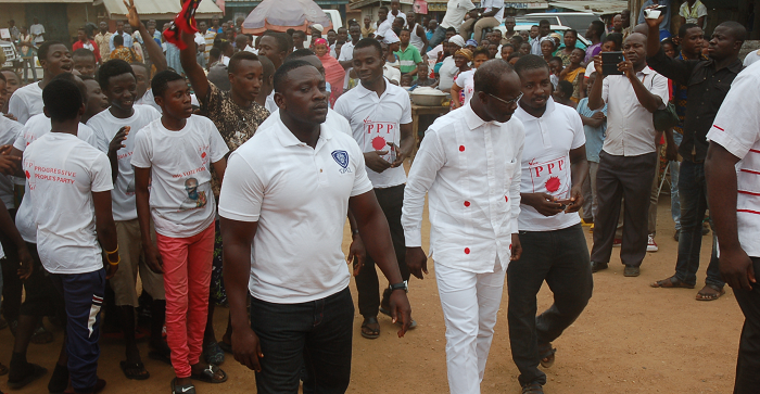 The Flag-Bearer of PPP, Papa Kwesi Nduom (middle), on his way to address the gathering at the New Juaben North Constituency. Picture: Takyi Boateng